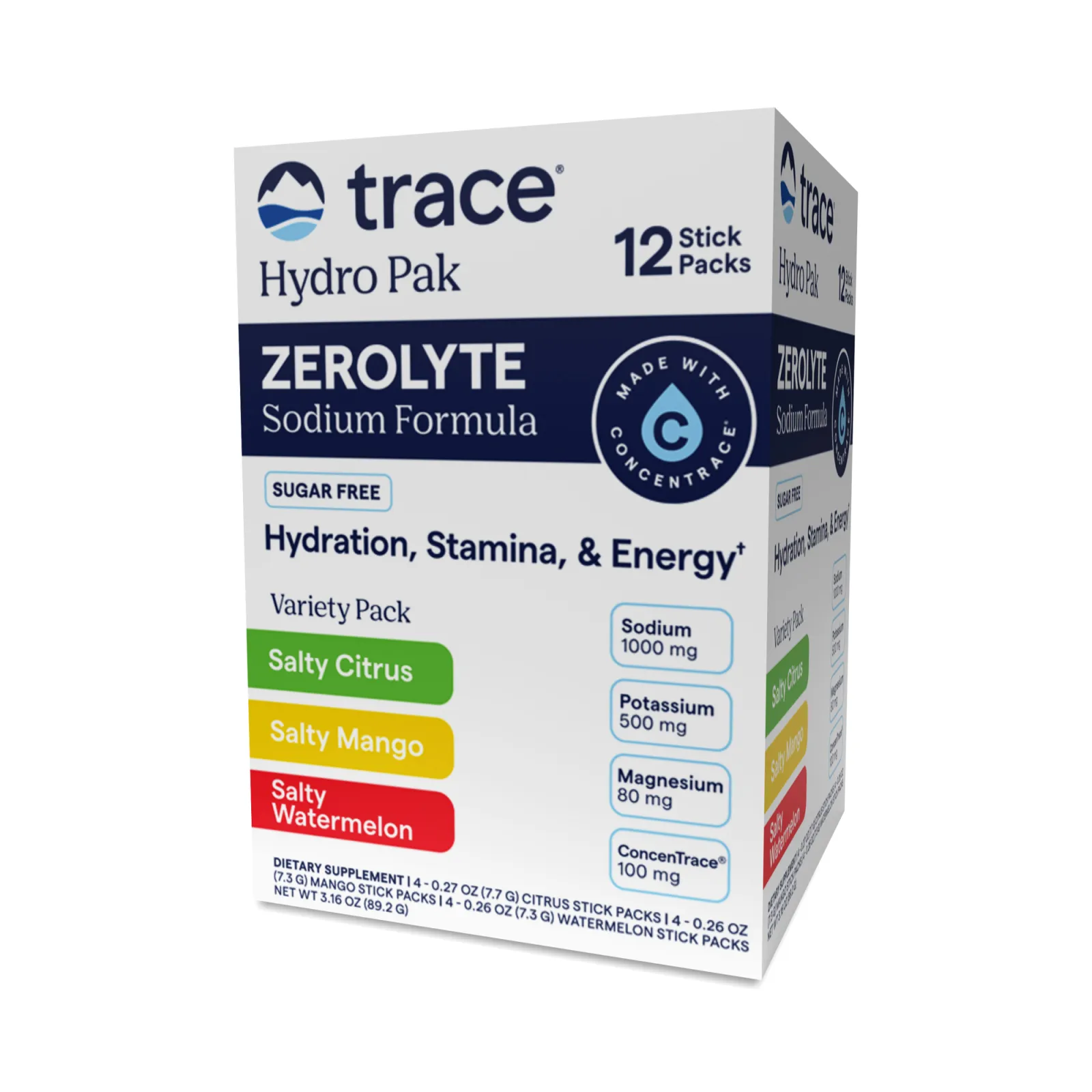 ZeroLyte Hydro Pak (Zero Sugar Electrolytes) (Watermelon, Mango, Citrus) x12 Packets - Trace Minerals - Trace Minerals