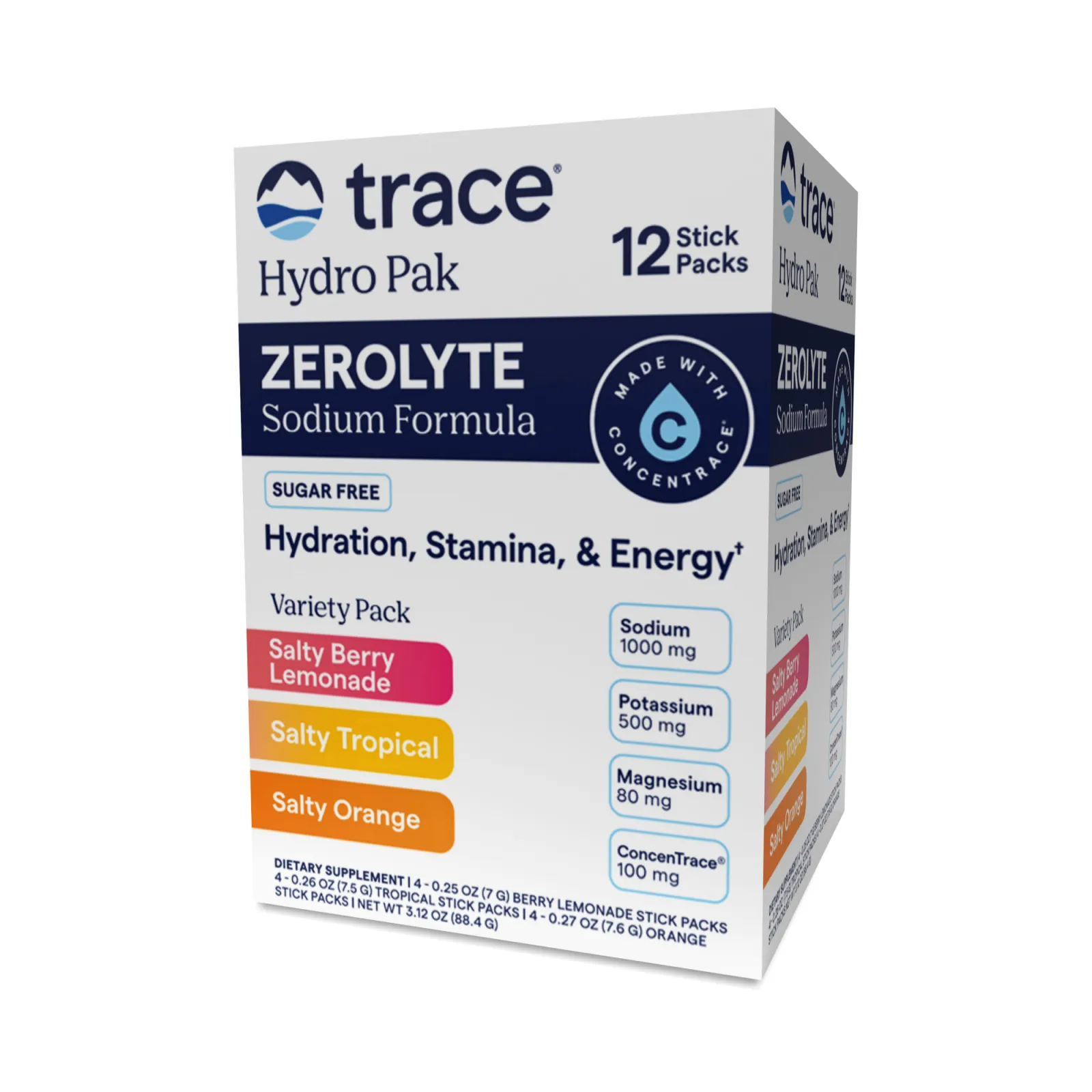 ZeroLyte Hydro Pak (Zero Sugar Electrolytes) (Berry Lemonade, Tropical, Orange) x12 Packets - Trace Minerals - Trace Minerals